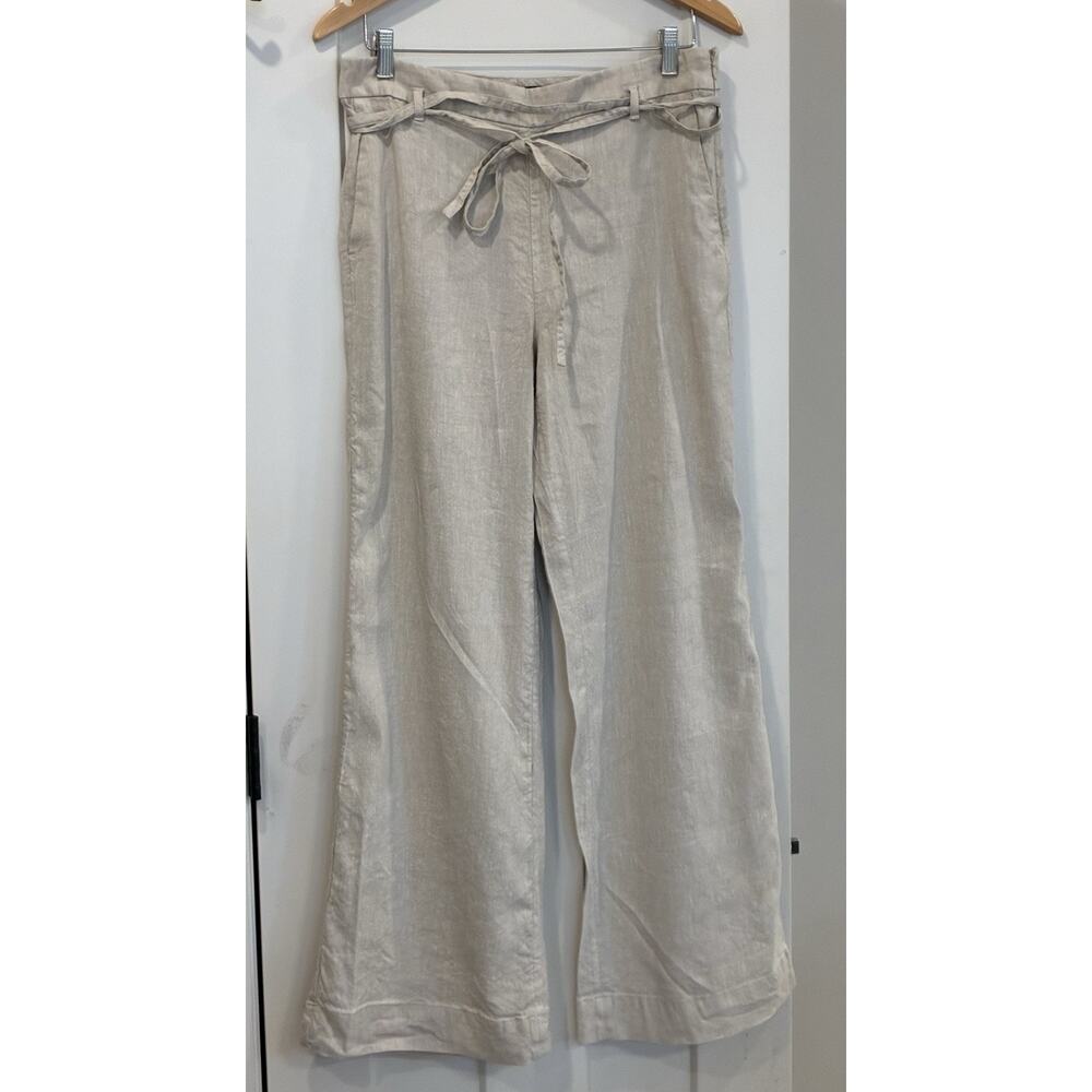 Ann Taylor Beige Wide-Leg Pants Linen Bland Side Zip Belted Office Size 10